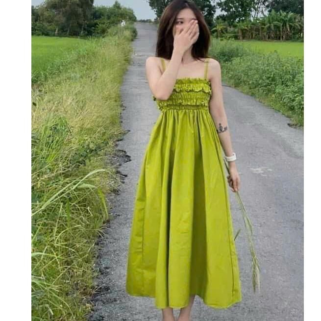 Đầm thời trang nữ sang chảnh dự tiệc chất lụa cổ dây không tay phối nhún ngực dáng váy dài xoè maxi tôn dáng trẻ trung