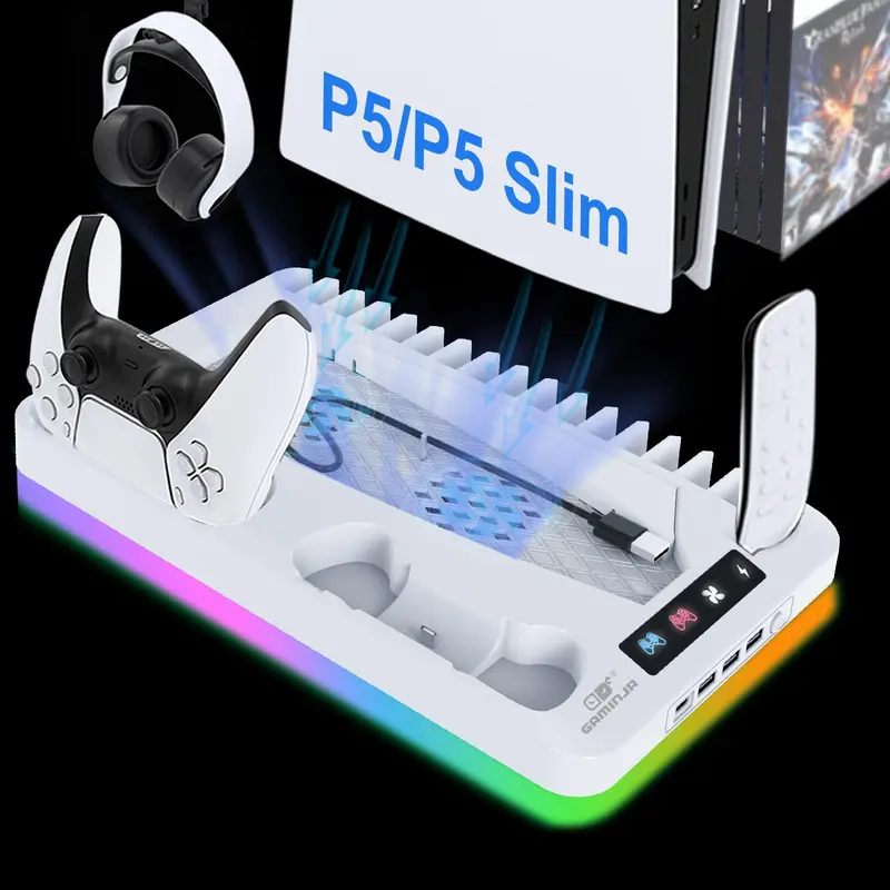 Gaming Console Charging Base, Dual Charging Stand with Earphone Hook, Vertical Cooling Support, Back to School Supplies, Console Accessories for PS5 Controller, Controller Accessories Durable Smartphone 1