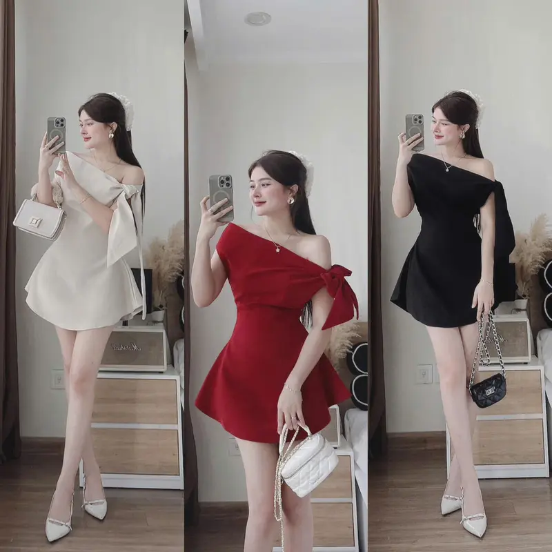 D673 ĐẦM THIẾT KẾ BIGSIZE LỆCH VAI CỘT NƠ DÁNG NGẮN (TÁO ĐỎ BIGSIZE 55-90KG) 0