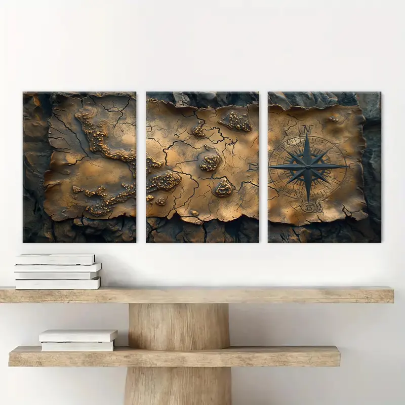 Game Map Pattern Canvas Painting with Frame, 3 Counts/set Retro Map Wall Decoration, Modern Art Wall Art for Home Living Room Bedroom Office 5
