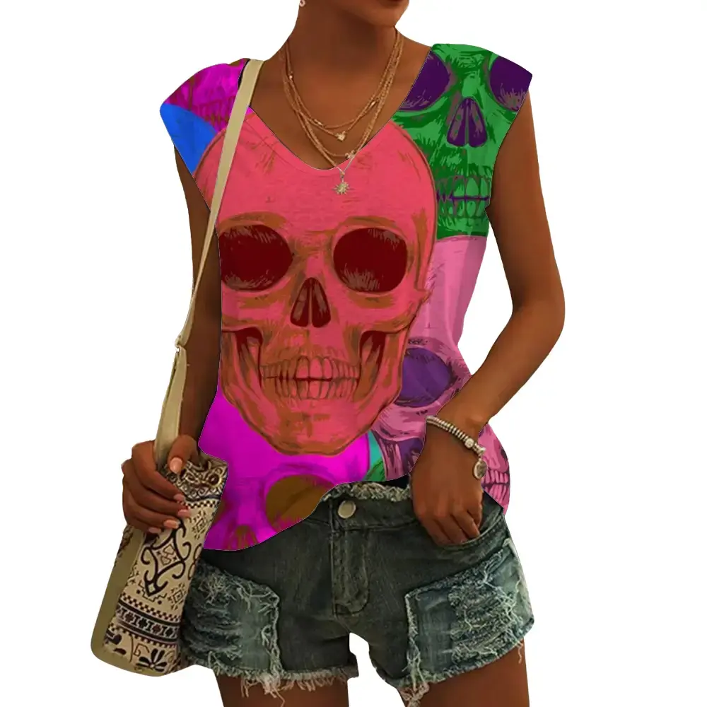 2024 Trendy Fashion Summer Gothic Skull 3D Printed Vest Women's Street Clothing Oversized V-neck Vest Off Shoulder Sleeveless Women's Strap Vest S-5XL Womenswear Tops