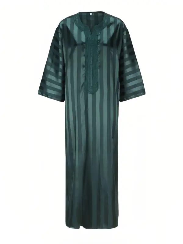 Men's Striped Embroidery Long Sleeve Robes, Loose Casual Comfy Three Quarter Length Sleeve Robe for Daily Wear, Muslim Clothing for Spring & Fall 1