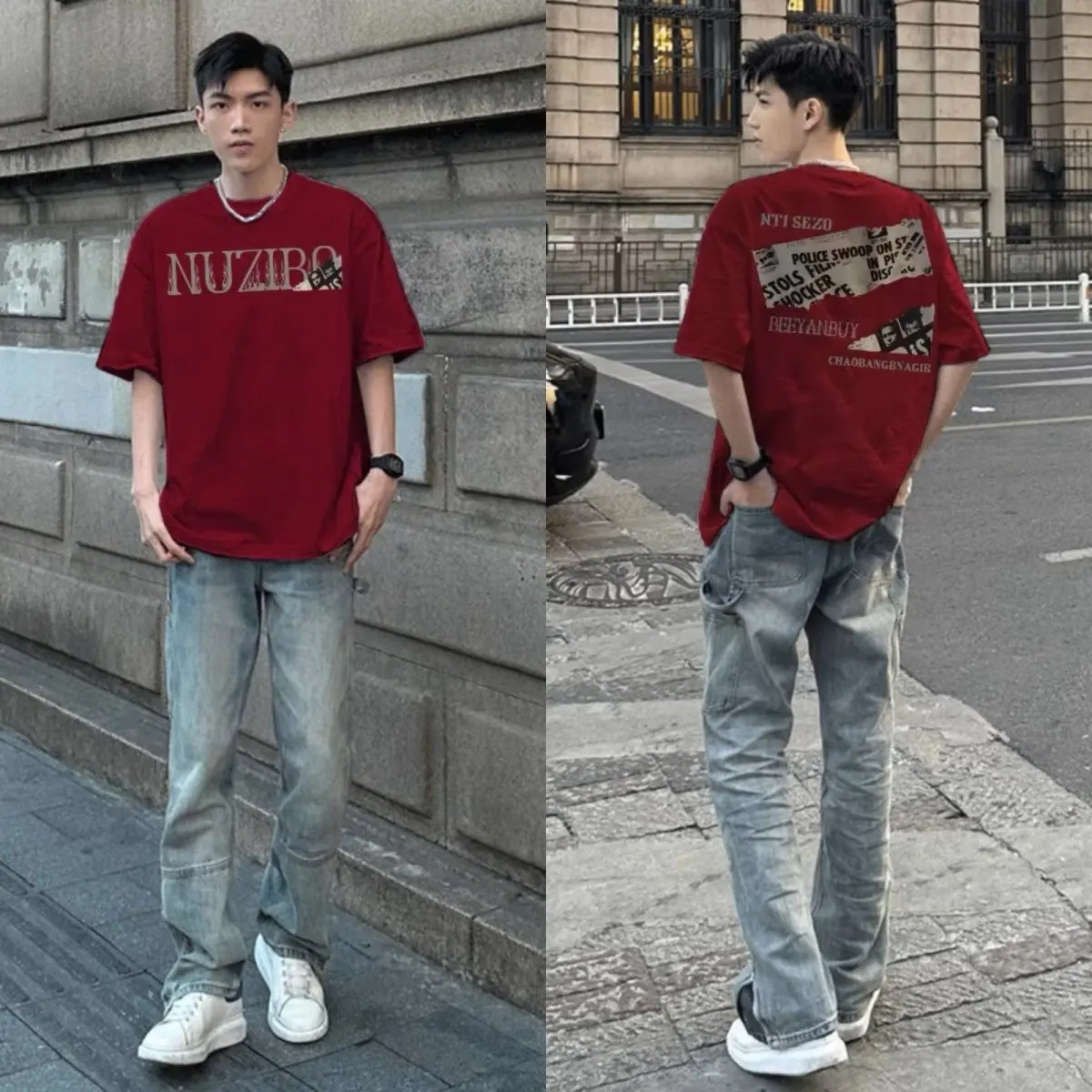 Áo Thun Cotton Nặng, Ngắn Tay, Màu Đỏ, Thương Hiệu Thời Trang Mùa Hè, Phong Cách Mỹ, Dáng Rộng Vừa Vặn, Hợp Xu hướng, Ruoshuai, 202220G, In Hình Menswear Nam