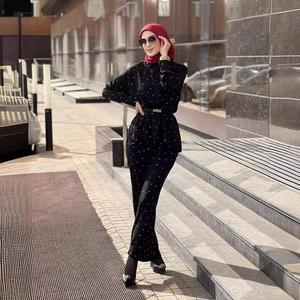 Sut Pakaian Wanita Muslim, Baju Atasan Lapel dengan Cetakan Tali Pinggang, Skirt Panjang, Cetakan Polka Dot