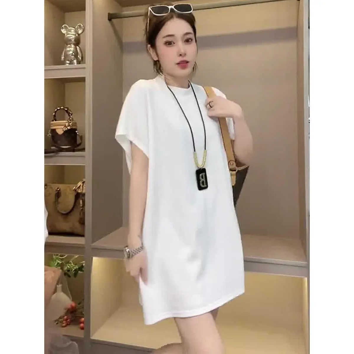 Y (40-80kg) round neck loose large board mid-length T-shirt WOMEN'S solid color short sleeve bottoming shirt fashionable slim thigh-length top summer
