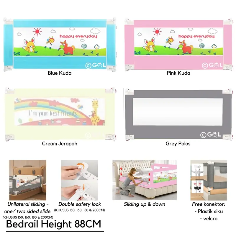 GOL Baby Bed Guard Baby Bedrail Bed Rail Pagar Pengaman Kasur Tempat Tidur Ranjang Bayi Balita Bedguard Pengaman Pagar Kasur Perlindungan Bayi Pembatas Tempat Tidur Tinggi 88 CM 1
