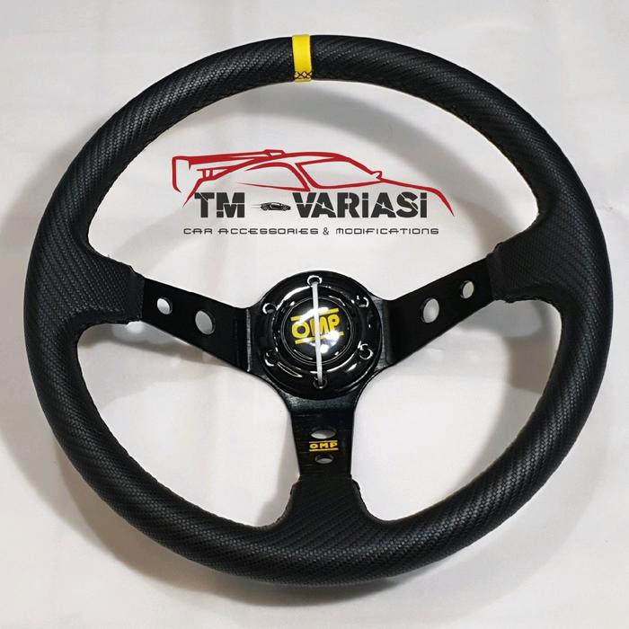 Gambar Stir Racing Import OMP Carbon Celong 14 Inchi List Kuning Palang Hitam dari tmvariasi_NEW Kota Administrasi Jakarta Barat Tokopedia