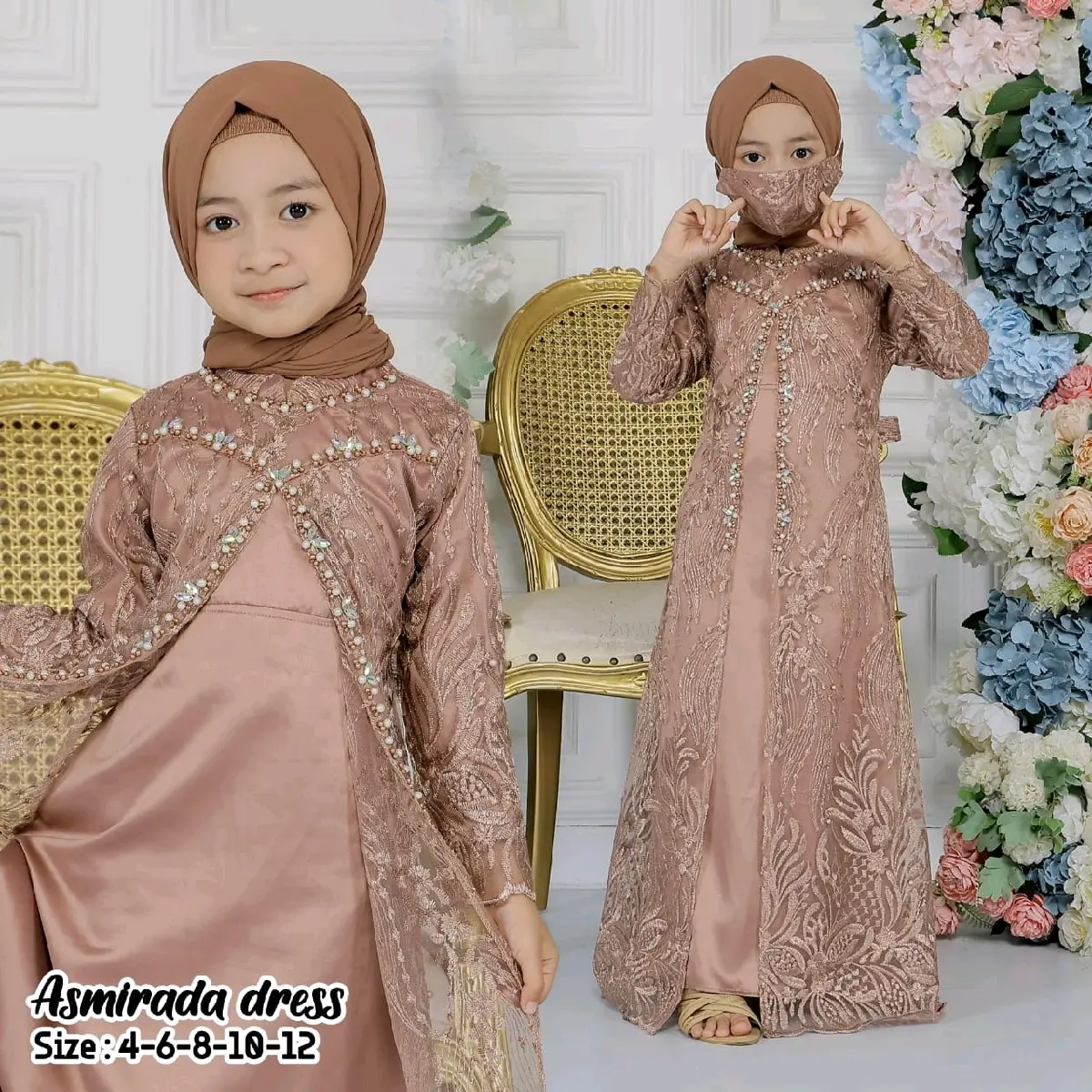 Asmirada Drees kisd/Gamis anak/Asmiranda kisd/Gamis anak terbaru 2024/gamis anak/gamis anak mewah Baju Cantik Nyaman Pesta Muslim Mutiara Bunga Motif