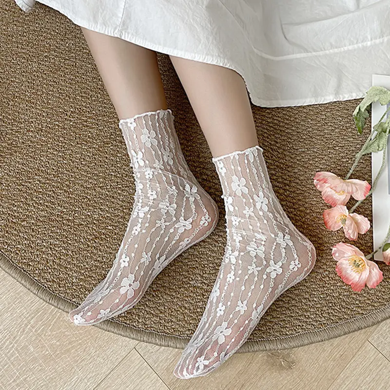 Women Summer Sheer Lace Socks Sweet Princess Stockings Mesh Mid Tube Casual Socks for Women