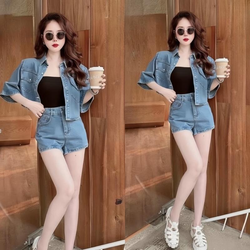 Set bộ nữ jean qc áo trong croptop phối khoác ngoài tay lỡ kèm quần ngắn xinh xắn thích hợp cho các nàng đi tiệc,đi chơi.