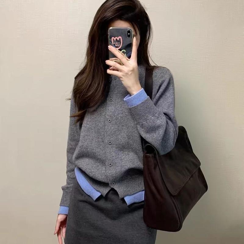  Áo len dẻo mềm màu xám phong cách Hàn Quốc dành cho phụ nữ mùa Mùa Xuân và mùa thu cao cấp và thanh lịch Đi Chơi và Dễ Phối Đồ với các nút áo khoác Cardigan Women Top Voi aolennu 