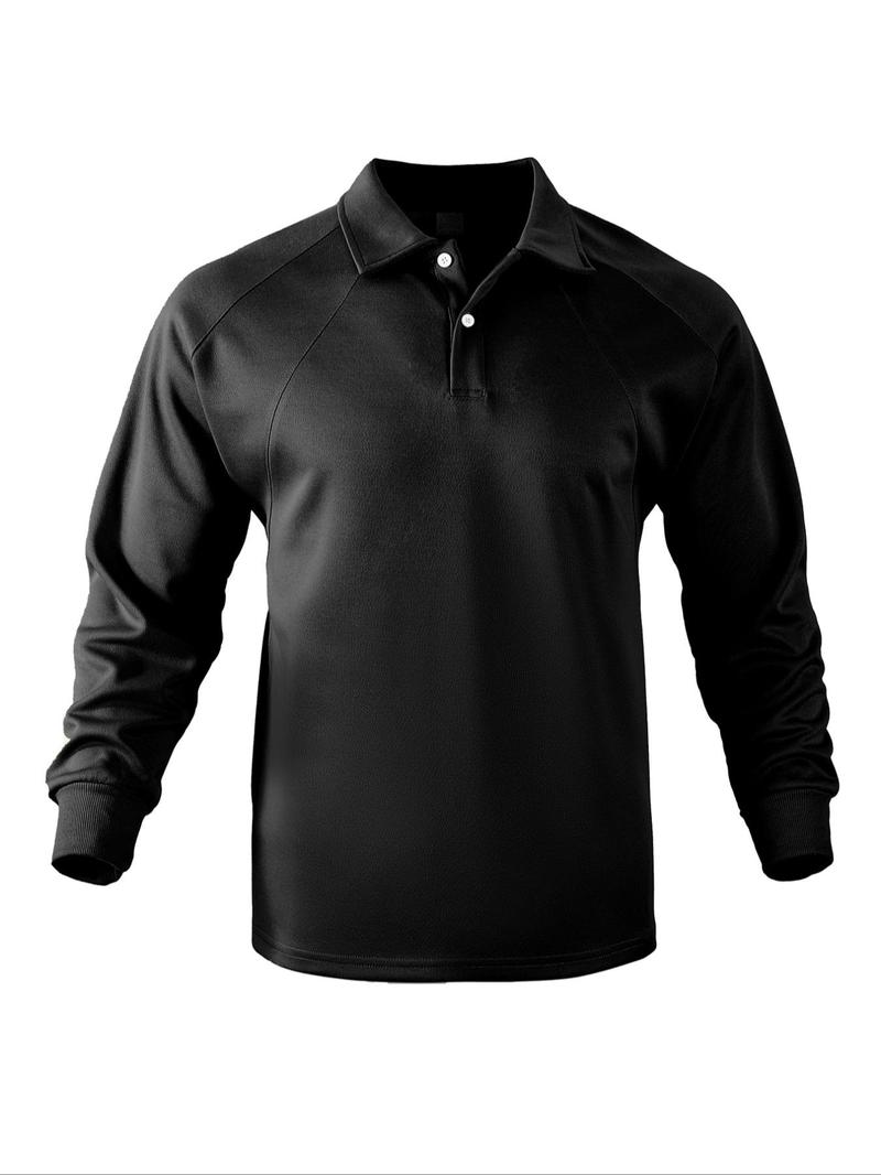 Product Introduction of Men's Solid Raglan Sleeve Polo Shirt, Regular Fit Casual Long Sleeve Collared Top for Fall & Winter, Men's Clothes for Daily Wear, Clothing 8