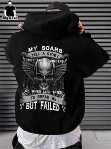 【Plus Size】 Skull & Letter Print Drop Shoulder Hoodie, Fashion Casual Regular Fit Drawstring Pocket Hooded Sweatshirt for Daily Holiday Outdoor Wear, Men Clothes for Fall & Winter