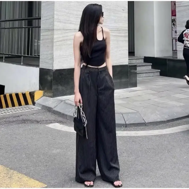QUẦN SUÔNG KẺ SỌC ĐEN TRẮNG KHUY CÀI LƯNG CHUN TÔN DÁNG_HUONGGIANG.CLOTHING