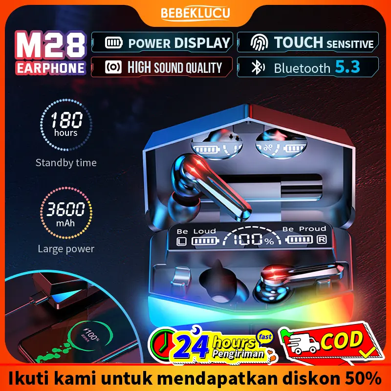 Bebeklucu Headset Bluetooth TWS GAMING M28 Gaming Headset Wireless Earphone Low Latency Earbuds Bluetooth V 5.0 Headphone For All Smartphone No Delay Hitam Bass