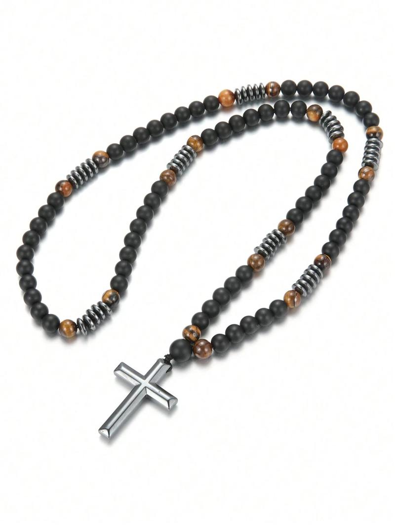 Product Introduction of Retro Tiger Eye Stone Beaded Design Cross Charm Decor Pendant Necklace, Trendy All-match & Exquisite Jewelry for Men As Gift, Girlfriend Gifts 4
