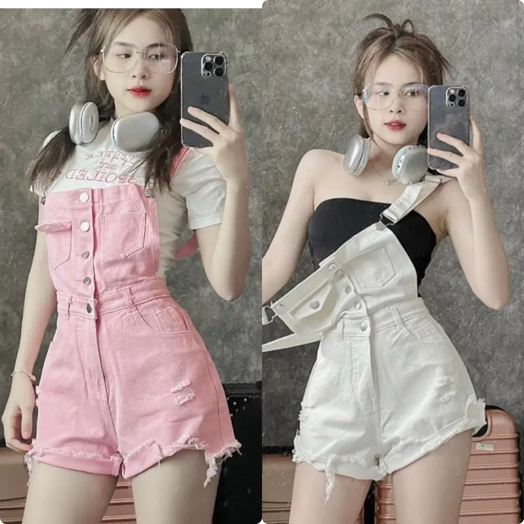 Quần Yếm Jean Nữ Hai Dây Rách Lai Tua Cá Tính-Yếm Jean Short Rách Đùi (kèm video, ảnh thật)