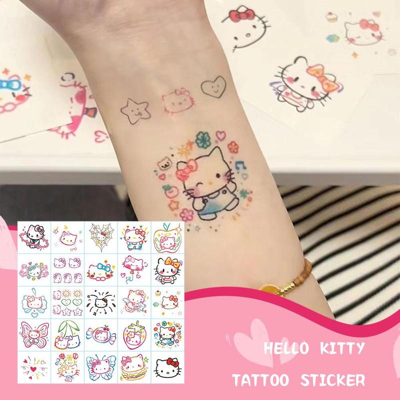 Hình Xăm Dán Hello Kitty, 25 Cái / Tờ, Thiết Kế Hoạt Hình Dễ Thương, Lâu Trôi, Không Thấm Nước, Hình Xăm Dán Dài, J8D4 1