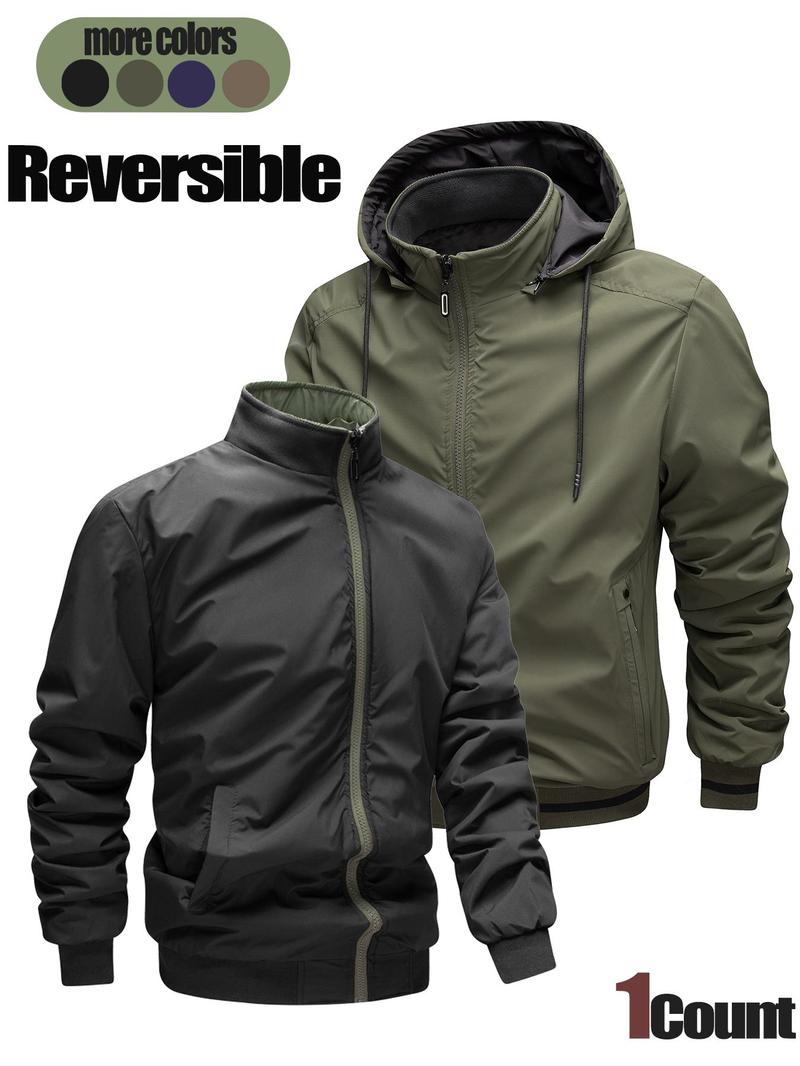 Product Introduction of Men's Solid Color Reversible Pocket Zipper Removable Hooded Jacket, Loose Casual Waterproof Windproof Drawstring Long Sleeve Outerwear for Fall & Winter, Men's Clothes for Daily Wear 4