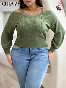 CURVZY Plus Size Solid Color Cold Shoulder Sweater, Casual Long Sleeve Jumper for Spring & Fall, Women's Clothing for Daily Wear