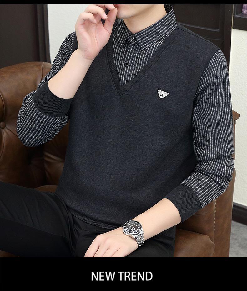 Product Introduction of 2024 Winter Fleece-lined Thickened Integral Velvet Sweater Men's False Two Pieces Knitted Sweater Youth Pu Handsome Men's Shirt Nam Slipper 15