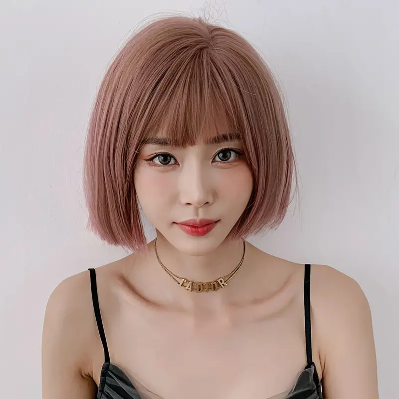 D3116 Wig Women's Short Hair Air Bangs Fluffy Bobhaircut Pink Full-head Wig Personality Straight Ear Short Hair