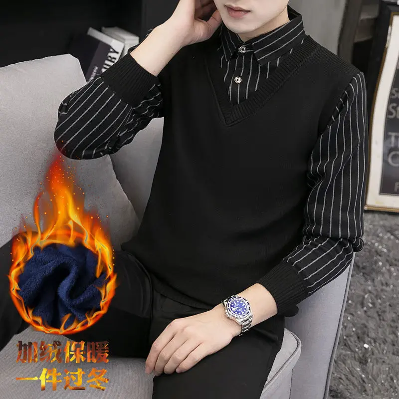 Mùa đông mới Áo len nam hai mảnh giả lót lông cừu Áo sơ mi dày dặn cổ áo Áo len thanh thiếu niên Áo len mỏng vừa vặn ấm áp