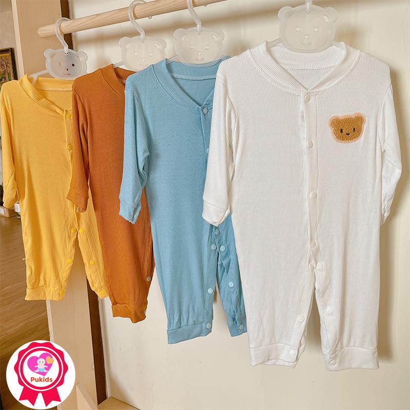  Bộ body dài tay cho bé trai bé gái sơ sinh vải tăm lạnh mềm mịn co giãn nhẹ có size cho bé sơ sinh từ 3-12 kg hình gấu nâu máy chắc chắn ở ngực _ BD77 