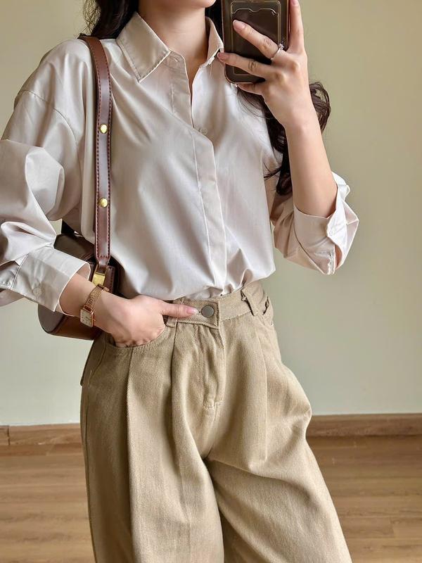 Áo Sơ Mi Thô Dài Tay, Áo Sơmi Trơn Giấu Cúc, Áo Sơ Mi Nữ Kiểu Form Dáng Rộng Miho House