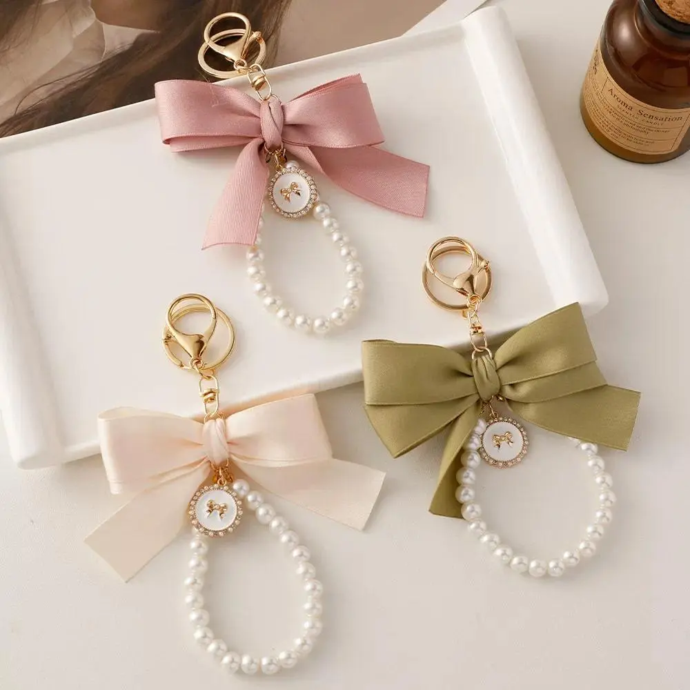 Trendy Big Ribbon Bowknot Keychain for Women Sweet Pearl Chain Phone Pendant Car Key Holder Jewelry Bag Charm DIY Accessories