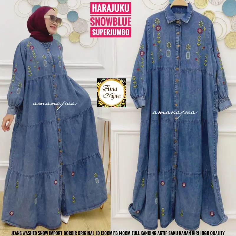 Gamis Jeans Wanita Muslim Terbaru Ld 130 cm Pj 140 cm Bahan Halus Rempel Bawah Kancing Depan Aktif Lengan Panjang Bordir Original Best Seller Recommended Fit Kerja 2