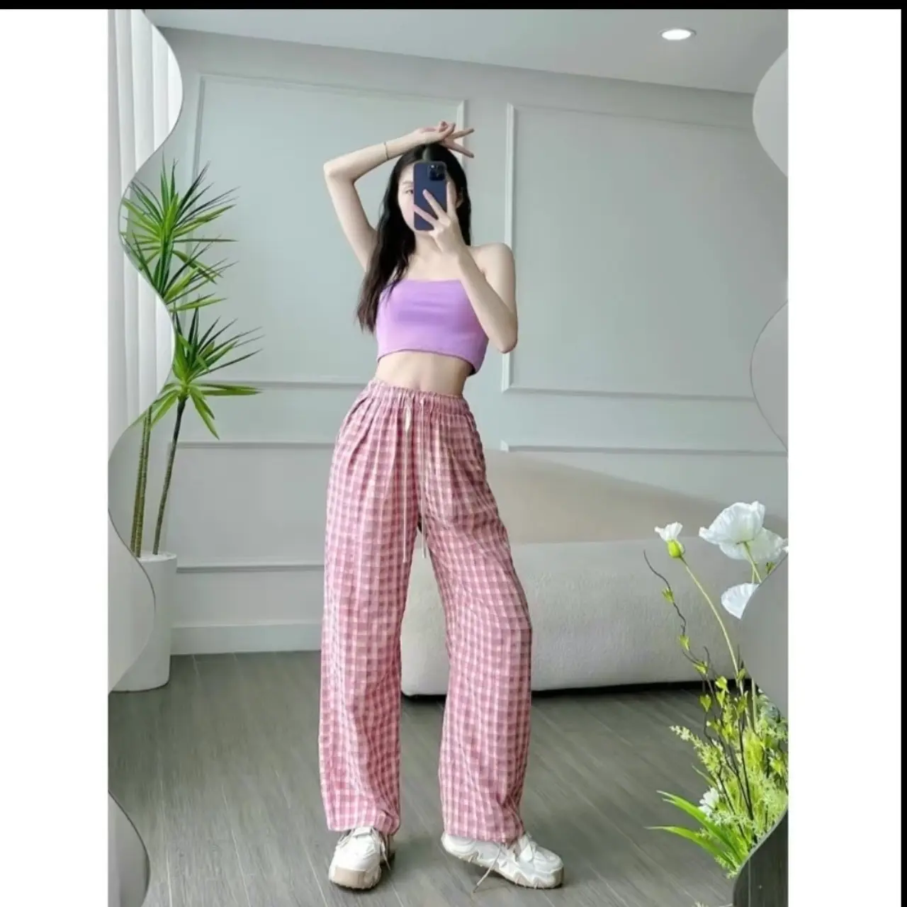 Quần suông  kẻ chất thô đũi (có túi) mềm, nhẹ, mát không nhăn nhàu . Kẻ nữ Women Ong