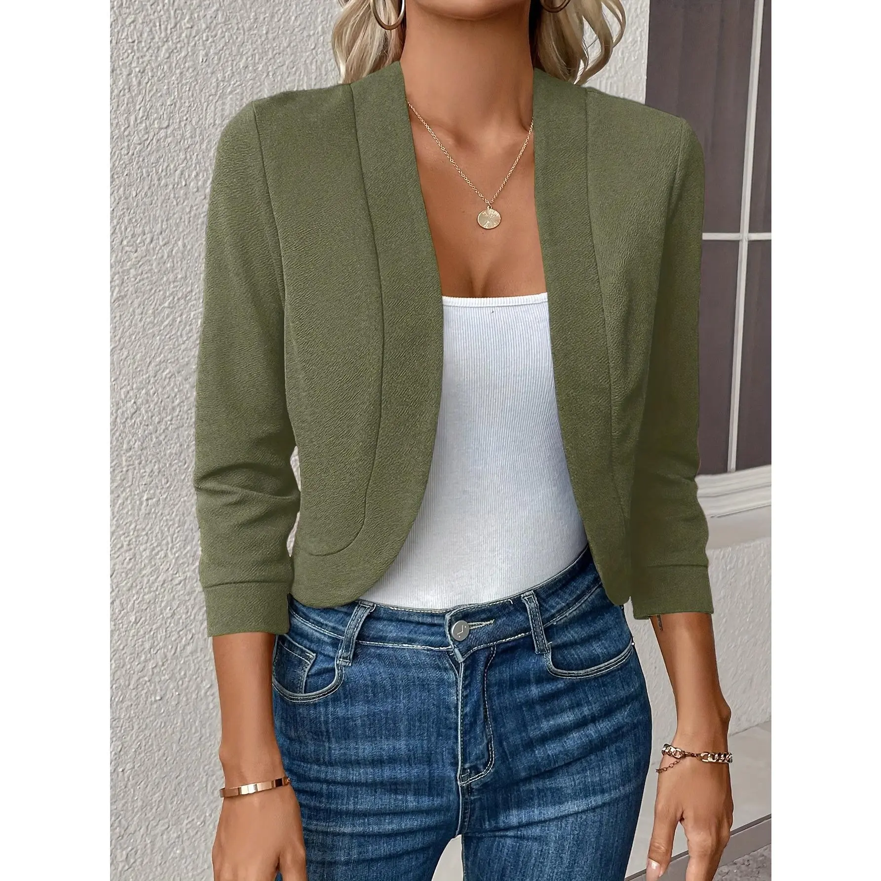 Solid Color Open Front Blazer, Elegant Long Sleeve Blazer For Office & Work, Women's Clothing