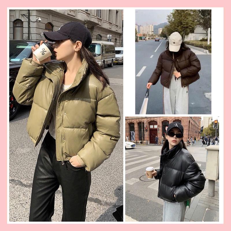 Áo Khoác Phao Da Croptop nữ, Áo Phao Béo Hàn Quốc Chần Bông Dáng Ngắn Có Dây Rút Mẫu Mới 2024