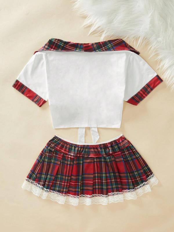 Women's Contrast Binding Tie Front Crop Top & Plaid Print Contrast Lace Skirt Set, Short Sleeve Crop Top & Elastic Waist Short Skirt Set, Valentine's Day Gift, Women's Two-Piece Set For Summer 7