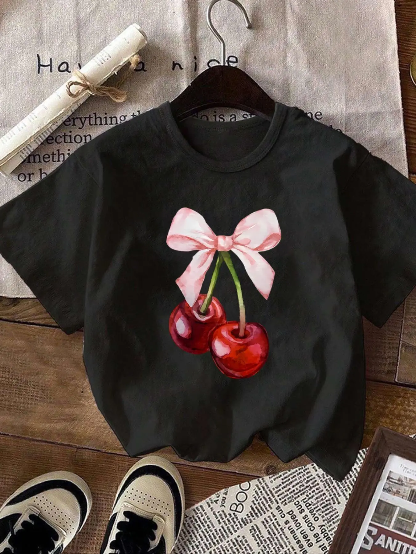 Women's Cherry & Bow Print Short Sleeve Tee, Casual Round Neck T-shirt for Summer, Women's Top for Daily Wear