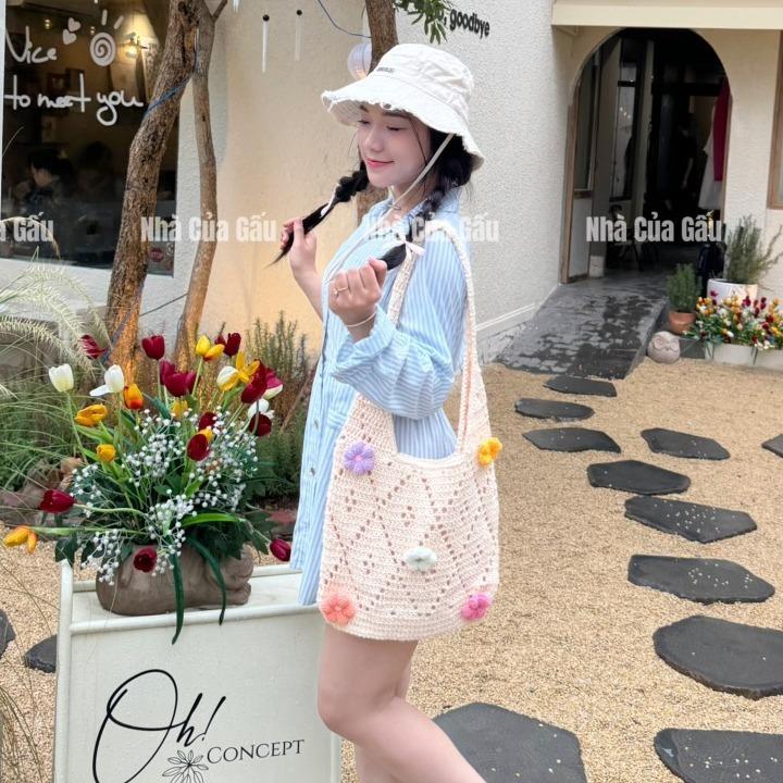 Túi len đeo vai đính hoa len siêu dễ thương