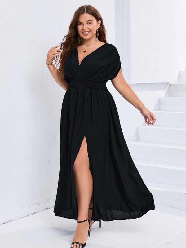 【Plus Size】 Plain Ruched Shirred Split Thigh Tie Back A Line Dress, Casual Deep V Neck Batwing Sleeve High Waist Dress for Party Holiday Wedding Guest, Women's  Clothing for Summer 7