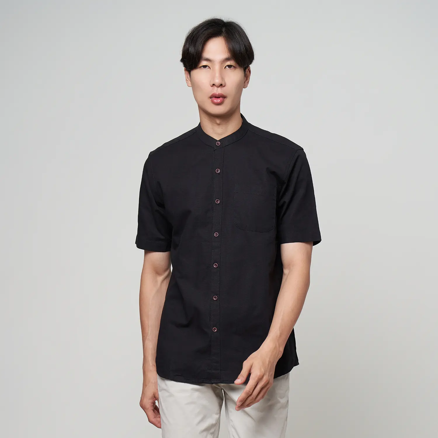 ALINO Kemeja Pria Kerah Sanghai Polos Lengan Pendek HITAM 016 Nyaman Casual Basic Formal Baju Katun Cowok Distro Kantor Slimfit Kerja Hem Navy Slim Panjang