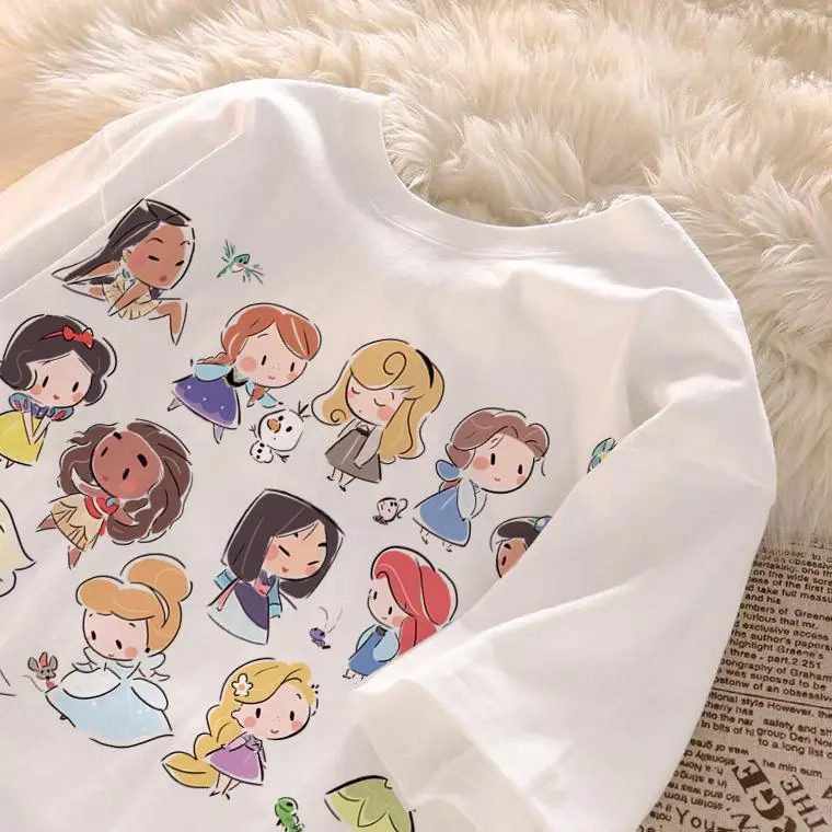 Korean Classic Cartoon Character Cute Print Women's T-Shirt Large Size Casual Sports Contrast Color Top