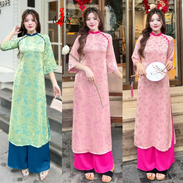 Áo Dài cách tân Gấm tơ tằm nhiều màu, áo dài may sẵn cổ cao 2cm tay lỡ dáng suông, xưởng Áo dài khả trang AODAIVN dành cho nữ
