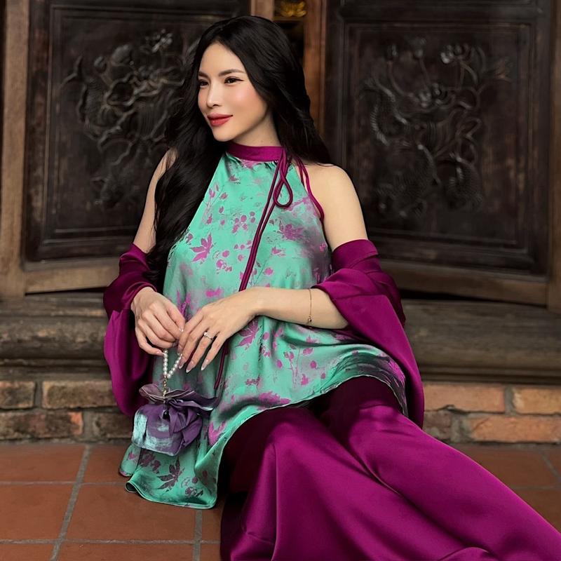 Y01 SET ĐỒ NỮ ÁO YẾM CỘT DÂY KÈM QUẦN SUÔNG DÀI, CHẤT LIỆU GẤM TƠ TẰM - FREE SIZE 2