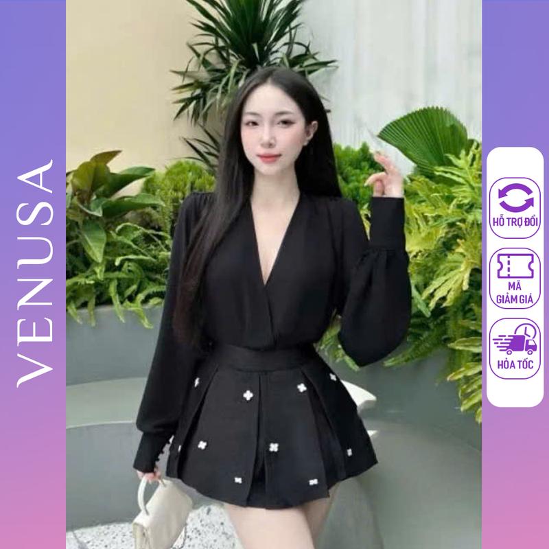 Set đồ BIGSIZE sơ mi đen vạt chéo mix chân váy đính hoa đá Venusa Store Top Women