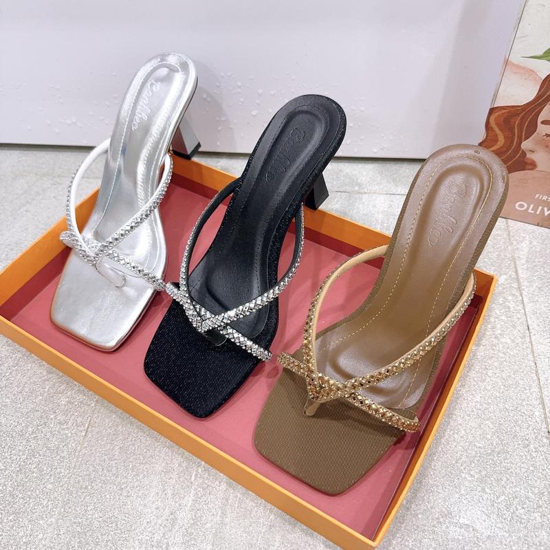 Dép kẹp xỏ ngón mũi vuông cao gót 7cm đính đá sang chảnh, mềm êm, thoải mái - Giày Bánh Bèo mã DepBling7P DéP Nhung