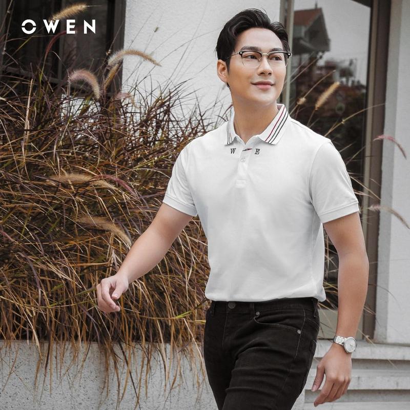 OWEN - Áo Polo nam Owen màu trắng CỔ KẺ SỌC 233201 chất CVC Spandex Menswear Shirt