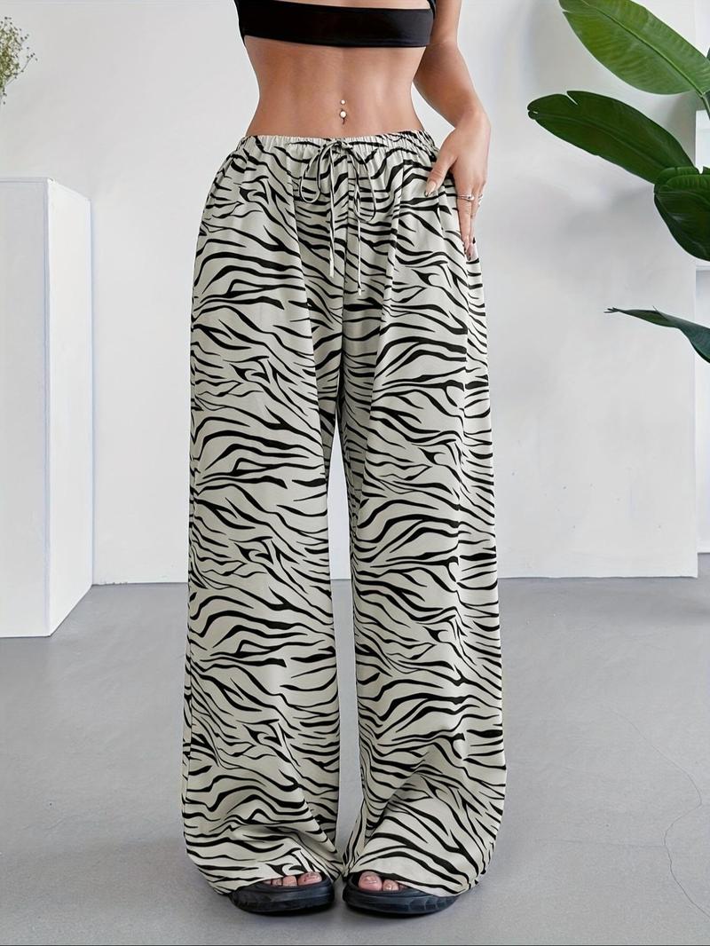 Product Introduction of Women's Zebra Stripe Print Drawstring Waist Wide Leg Pants, Casual Comfy Trousers for Daily Wear, Ladies Bottoms for All Seasons 6