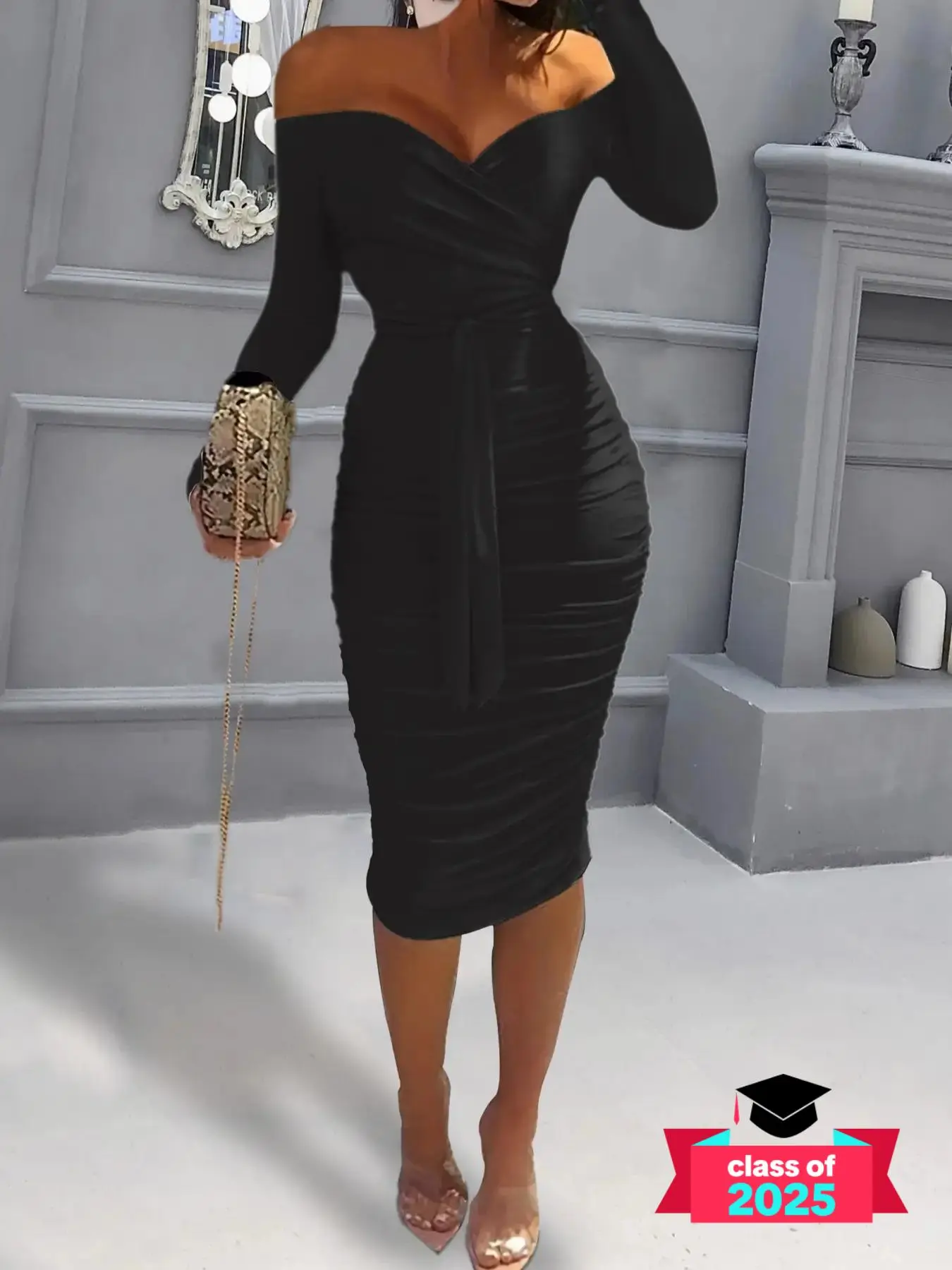 Women's Off Shoulder Ruched Belted Bodycon Dress, Elegant Solid Color Long Sleeve Midi Dress for Party Club Dating Wear, Women's Clothing for Spring & Fall, Holiday Dresses
