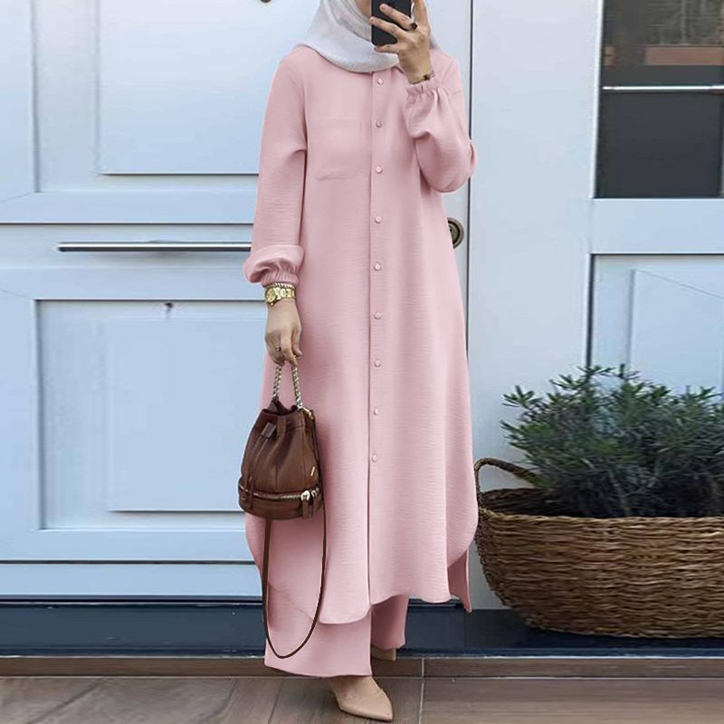 Product Introduction of Hot Sale Muslim Women's Wear Discount for Arabic Style Two-Piece Suit Spring and Autumn New Long Sleeve Shirt Trousers Suit 3