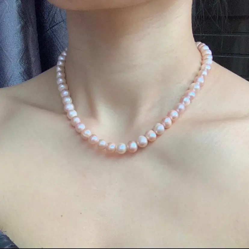 Vòng cổ ngọc trai 7-8ly dáng oval/dị có vết sinh trưởng màu sắc tự nhiên độ bóng rất cao