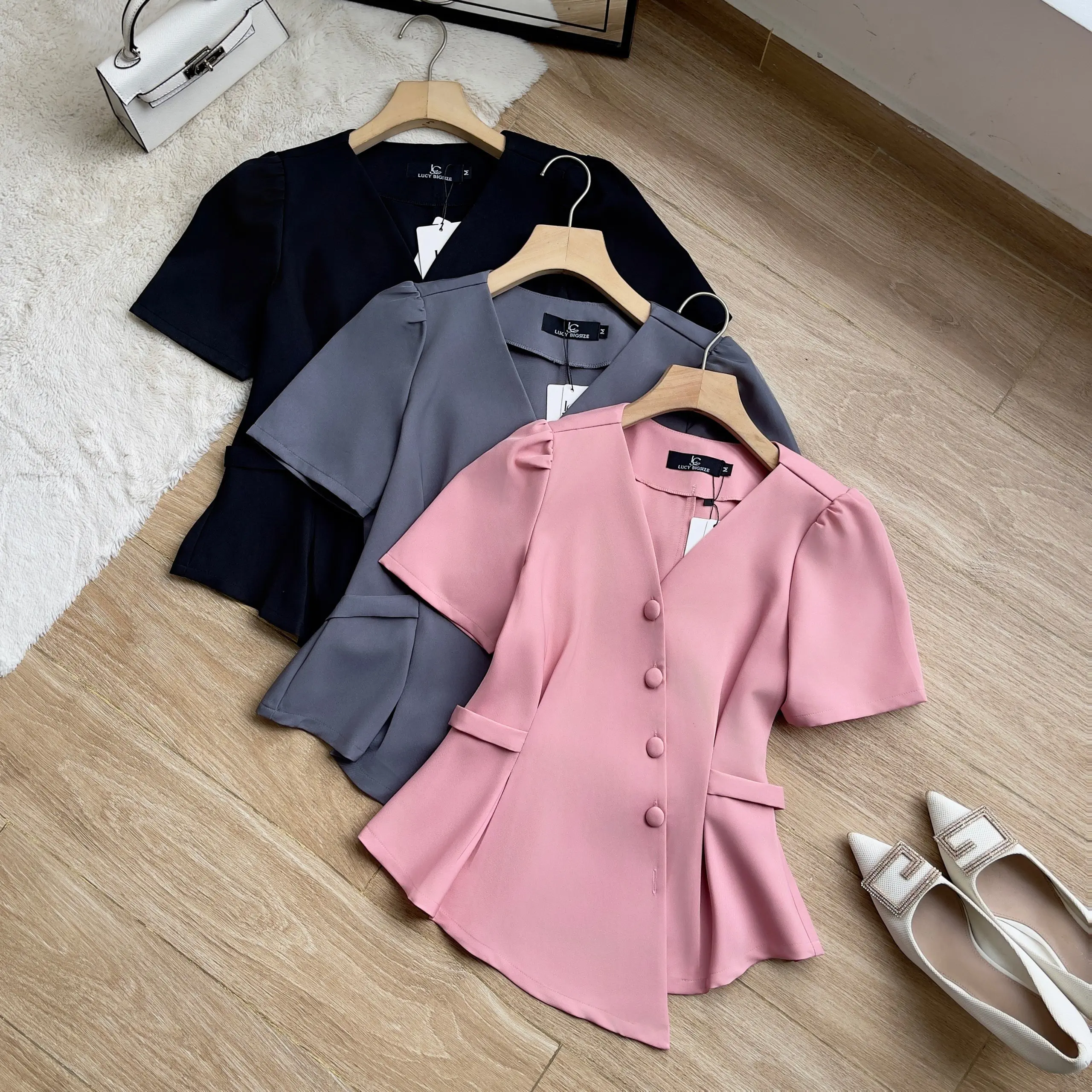 ÁO CỔ TIM NÚT BỌC TÀ XÉO COTTON BIGSIZE 50-90KG Nữ Top Women Xám Voi